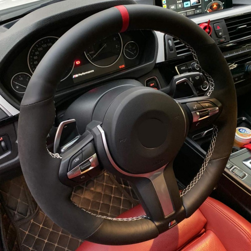 Loncky Auto Custom Fit OEM Black Genuine Leather Suede Car Steering